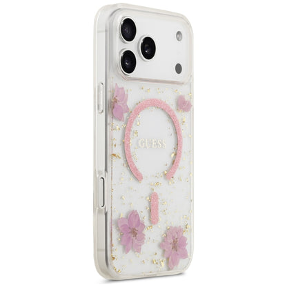 Coque MagSafe pour Apple iPhone 18 Pro Max / 17 Pro Max, Guess, fleurs en résine et paillettes, rose