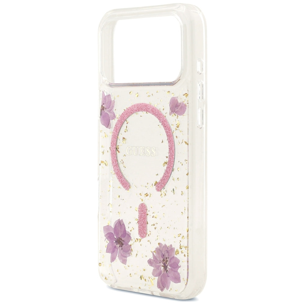 Coque MagSafe pour Apple iPhone 18 Pro Max / 17 Pro Max, Guess, fleurs en résine et paillettes, rose