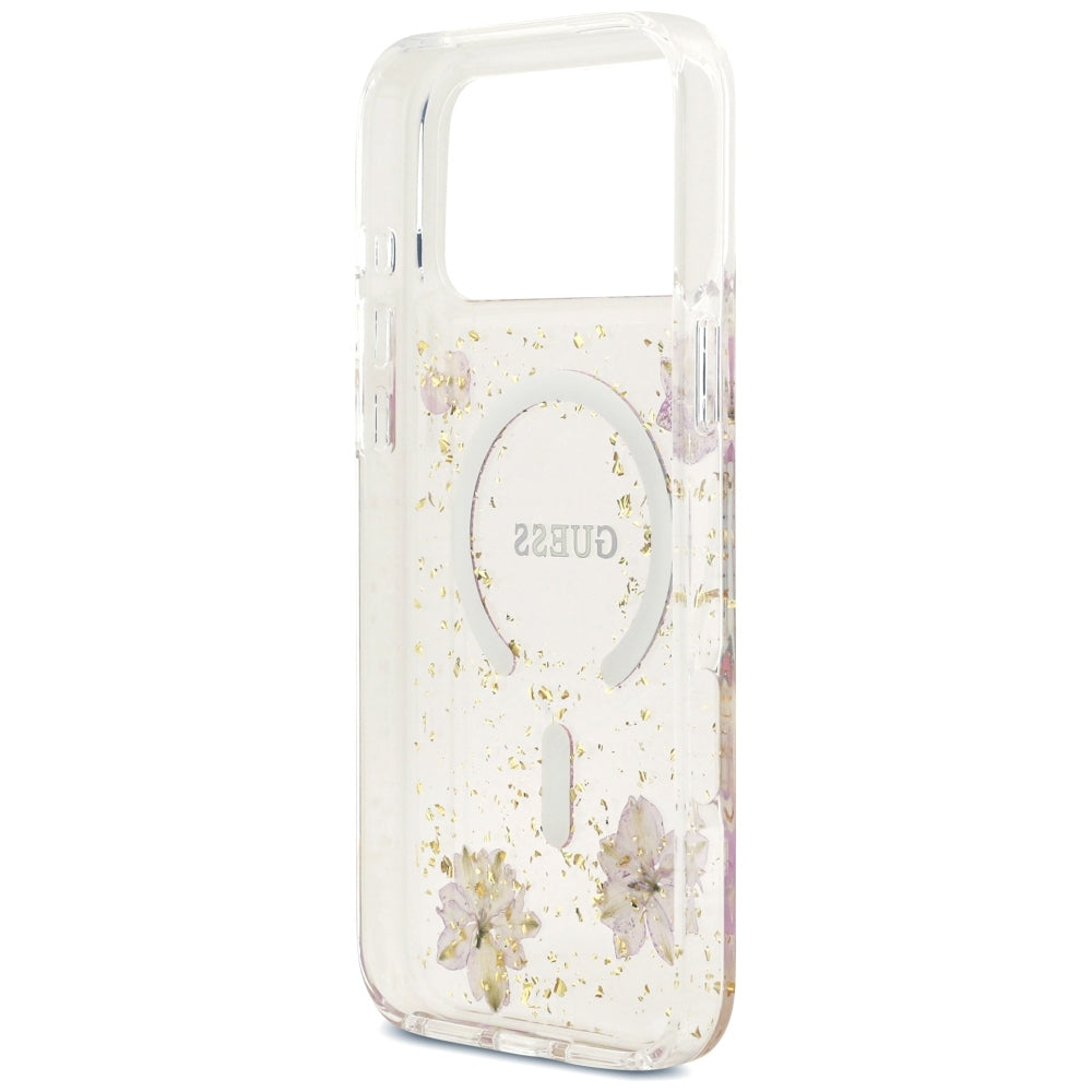 Coque MagSafe pour Apple iPhone 18 Pro Max / 17 Pro Max, Guess, fleurs en résine et paillettes, rose