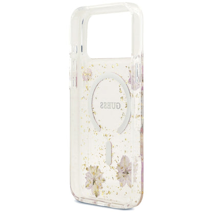 Coque MagSafe pour Apple iPhone 18 Pro Max / 17 Pro Max, Guess, fleurs en résine et paillettes, rose