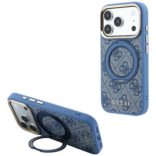Coque MagSafe pour Apple iPhone 18 Pro Max / 17 Pro Max, Guess, Support Anneau 360 4G Logo Classique, Bleue