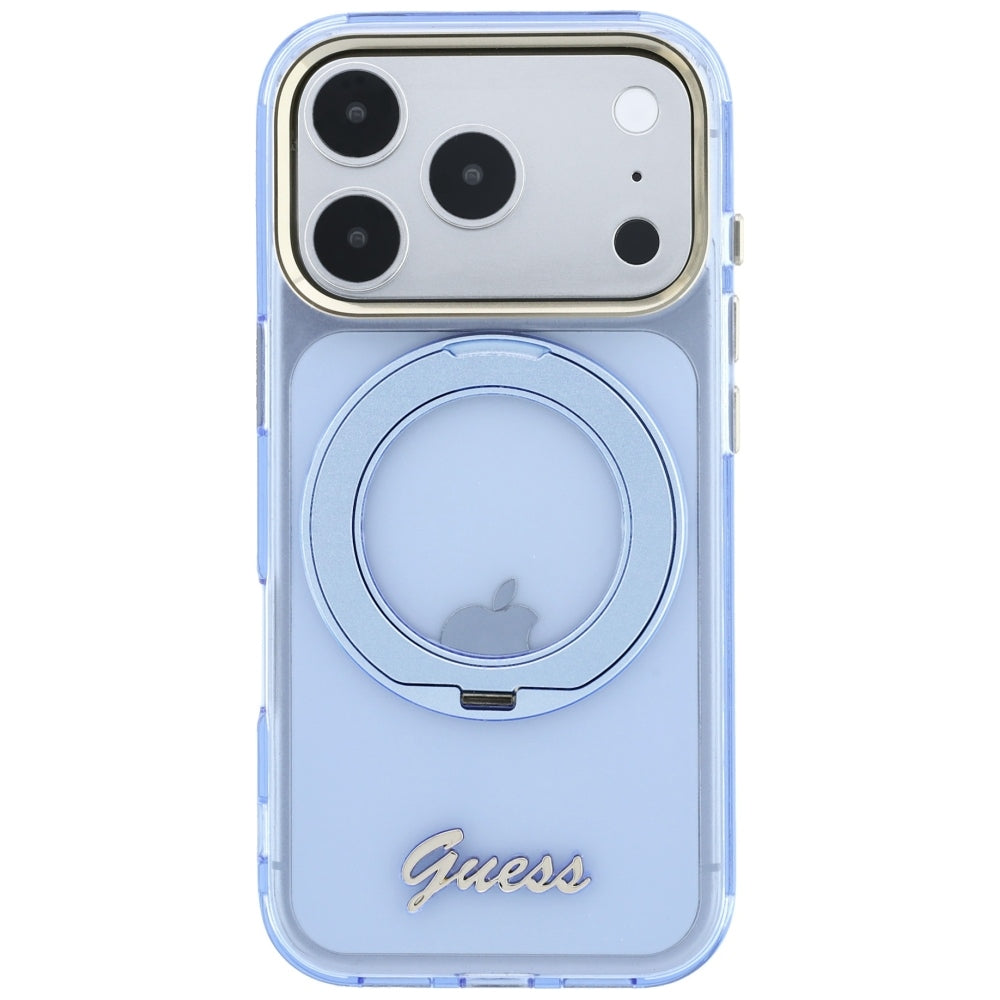 Coque MagSafe pour Apple iPhone 18 Pro Max / 17 Pro Max, Guess, Support Anneau Logo Métal Script, Bleu