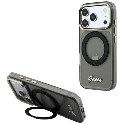 MagSafe Case for Apple iPhone 18 Pro Max / 17 Pro Max, Guess, Ring Stand Script Metal Logo, Black