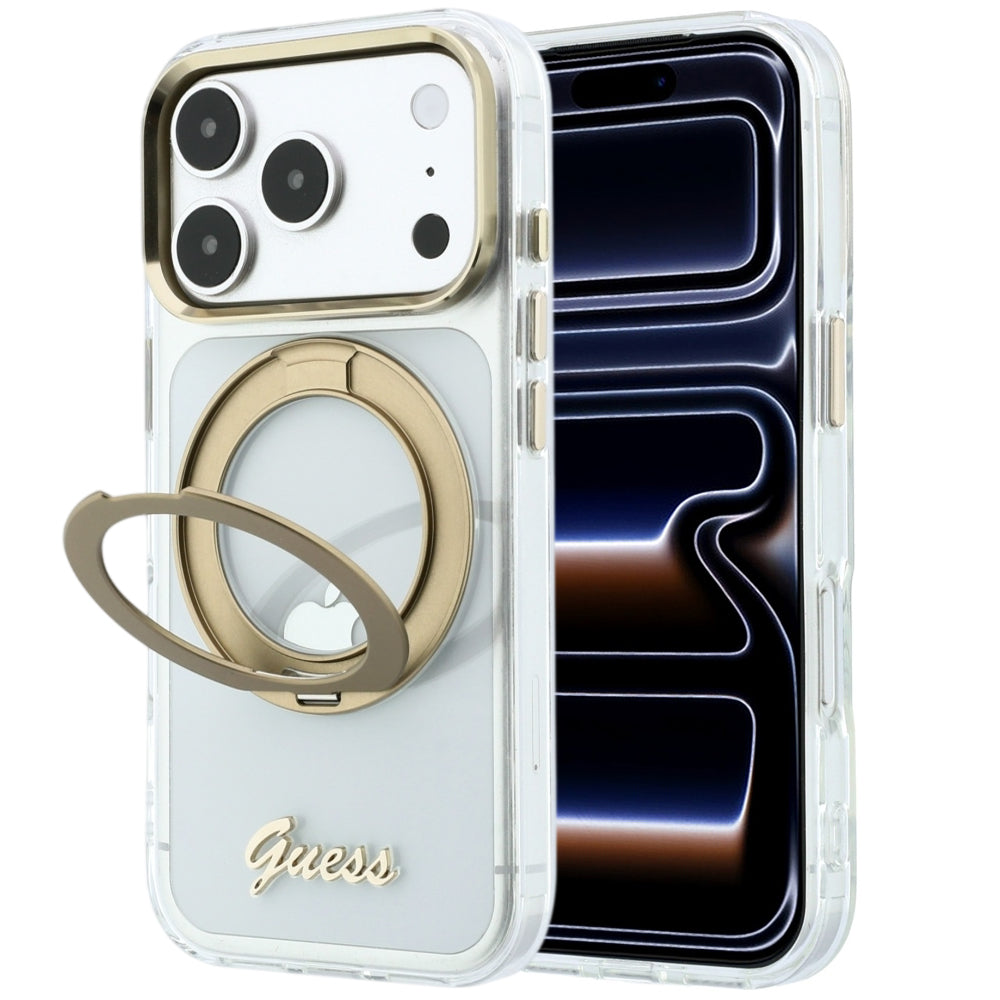 Custodia MagSafe per Apple iPhone 18 Pro Max / 17 Pro Max, Guess, Ring Stand Script Metal Logo, Trasparente