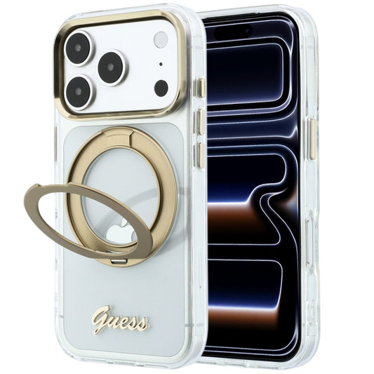 Coque MagSafe pour Apple iPhone 18 Pro Max / 17 Pro Max, Guess, Support Anneau Logo Métal Script, Transparente