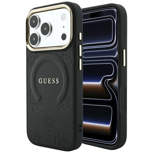 MagSafe-Hülle für Apple iPhone 18 Pro Max / 17 Pro Max, Guess, Saffiano Peony Ring, Schwarz