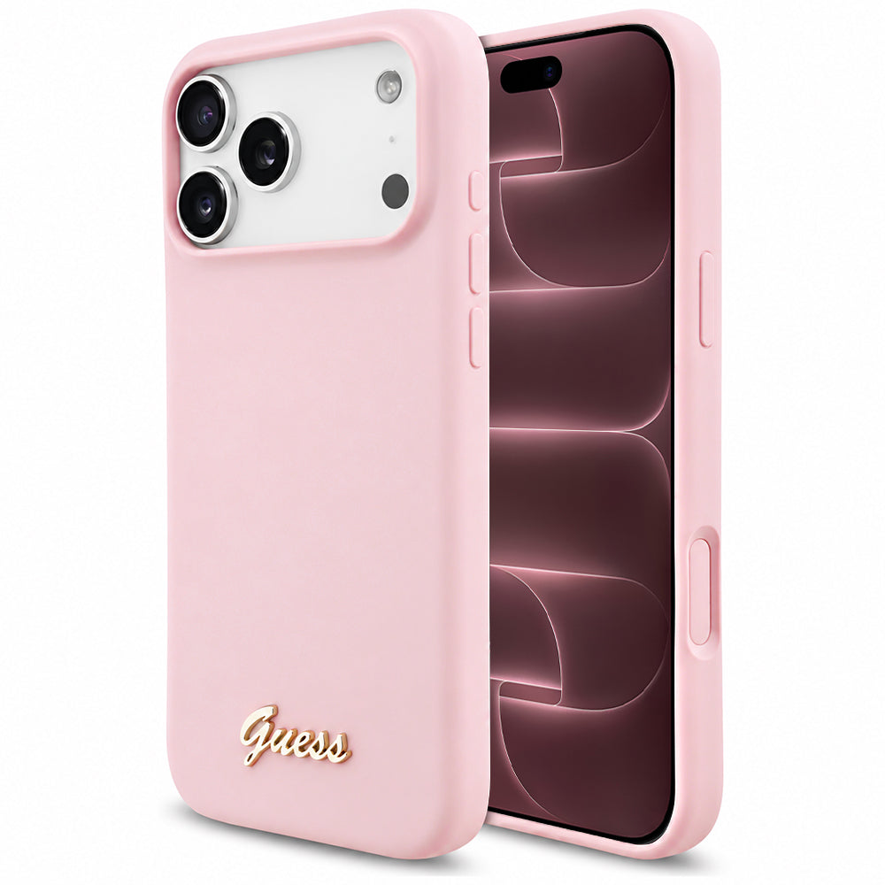 Coque MagSafe pour Apple iPhone 18 Pro Max / 17 Pro Max, Guess, Logo Métal Script, Rose