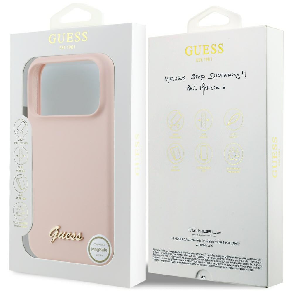 Coque MagSafe pour Apple iPhone 18 Pro Max / 17 Pro Max, Guess, Logo Métal Script, Rose