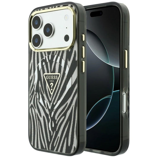 Custodia MagSafe per Apple iPhone 18 Pro Max / 17 Pro Max, Guess, Logo Triangolo Glitter Zebra, Argento