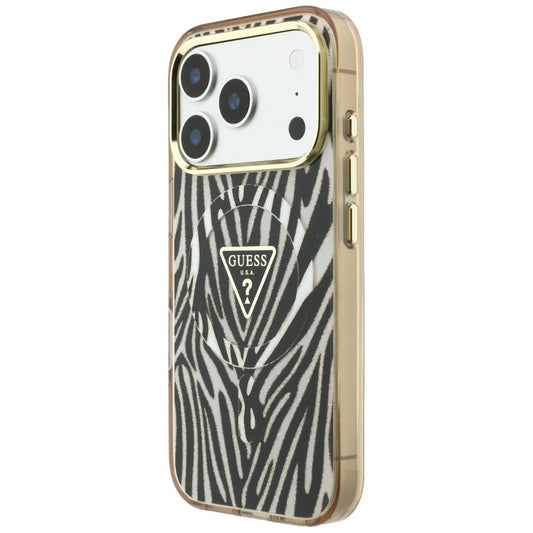 Custodia MagSafe per Apple iPhone 18 Pro Max / 17 Pro Max, Guess, Logo Triangolo Glitter Zebra, Dorata