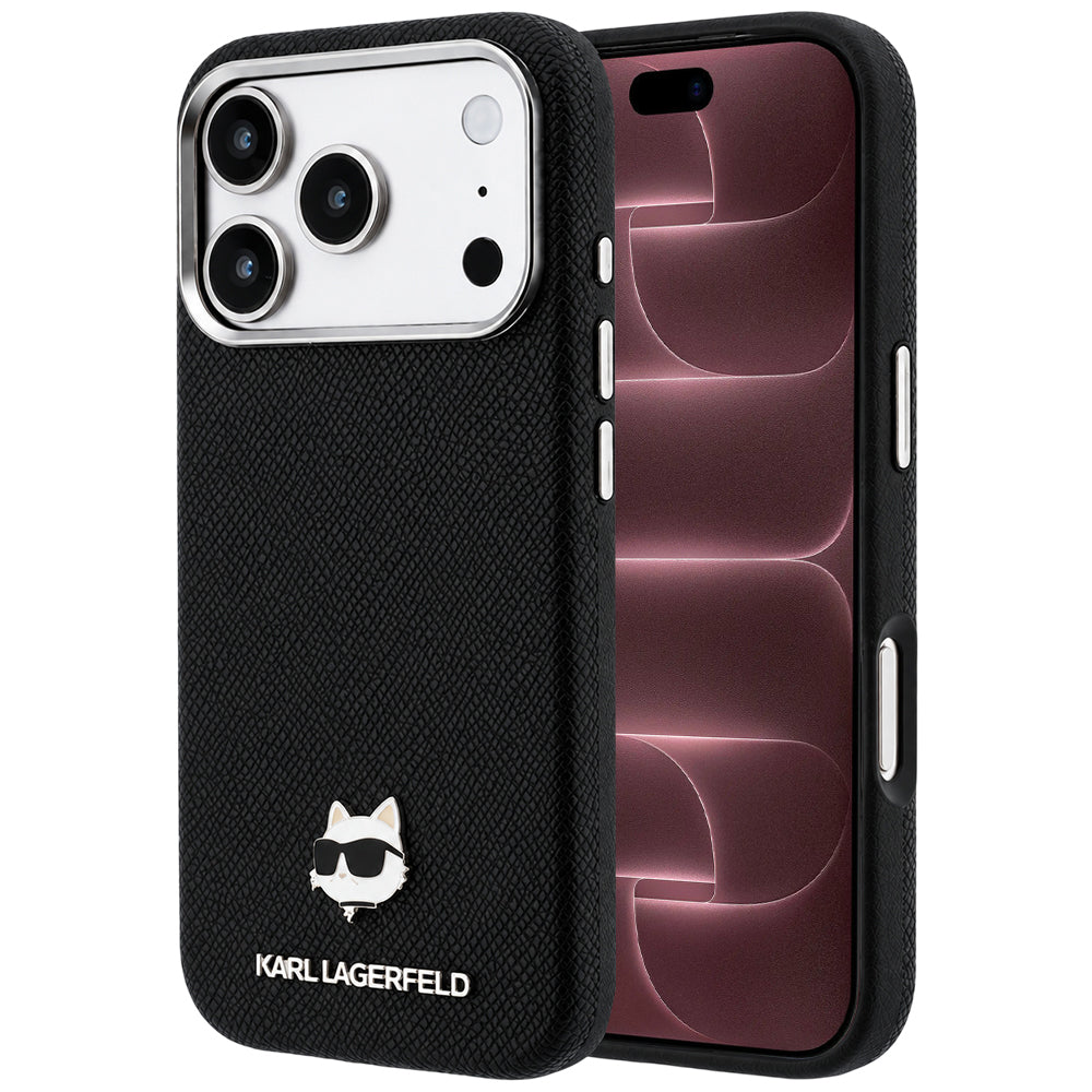 Coque MagSafe pour Apple iPhone 18 Pro Max / 17 Pro Max, Karl Lagerfeld, Grained Choupette Head Metal, noire