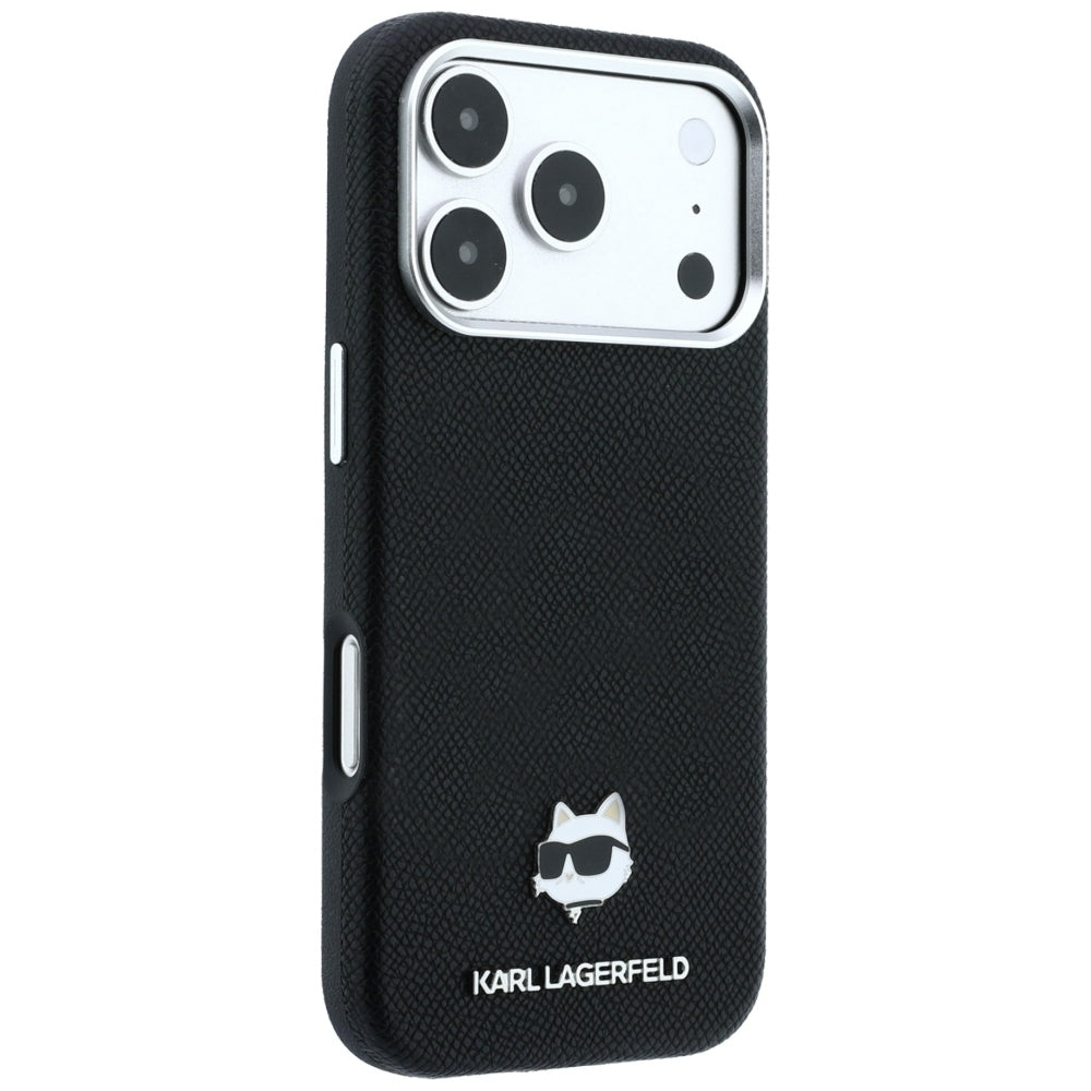 Coque MagSafe pour Apple iPhone 18 Pro Max / 17 Pro Max, Karl Lagerfeld, Grained Choupette Head Metal, noire