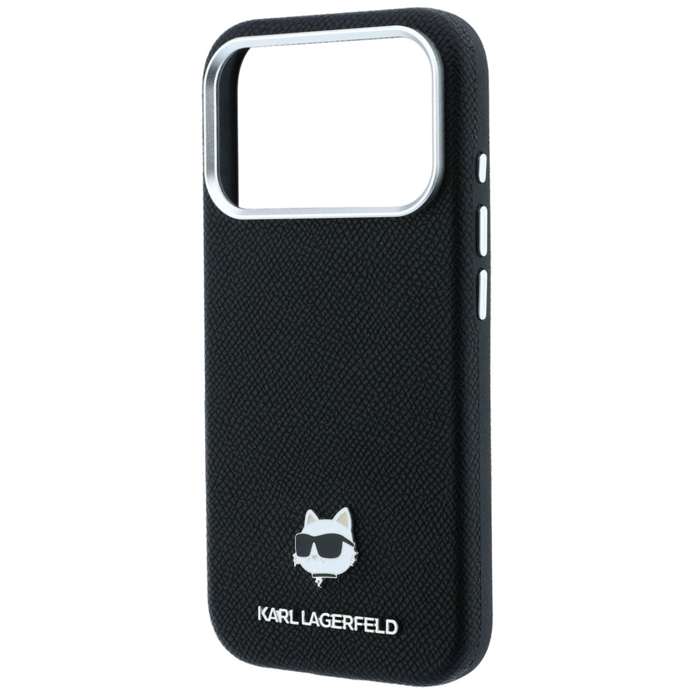 Coque MagSafe pour Apple iPhone 18 Pro Max / 17 Pro Max, Karl Lagerfeld, Grained Choupette Head Metal, noire