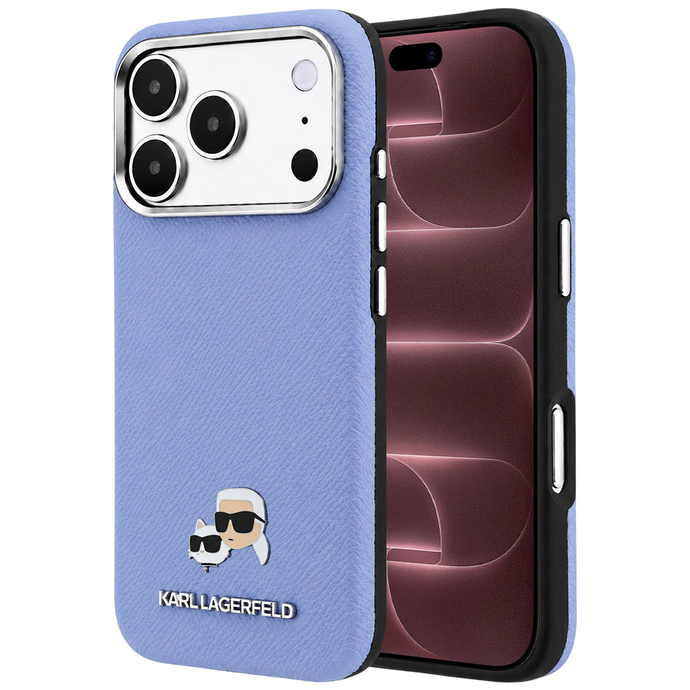 Custodia MagSafe per Apple iPhone 18 Pro Max / 17 Pro Max, Karl Lagerfeld, Grained Karl & Choupette Head's Metal, Bleu