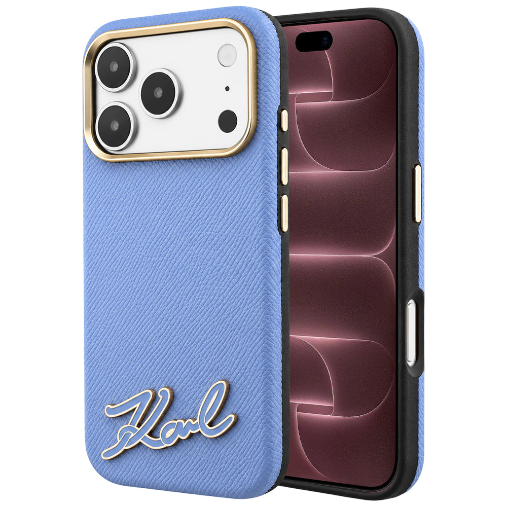 Coque MagSafe pour Apple iPhone 18 Pro Max / 17 Pro Max, Karl Lagerfeld, logo en résine grainée, bleu