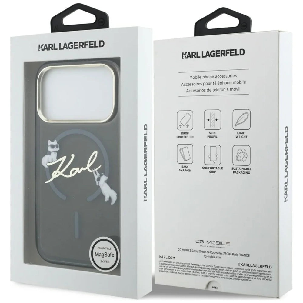 Coque MagSafe pour Apple iPhone 18 Pro Max / 17 Pro Max, Karl Lagerfeld, IML Choupette Karl Script Logo, Noire