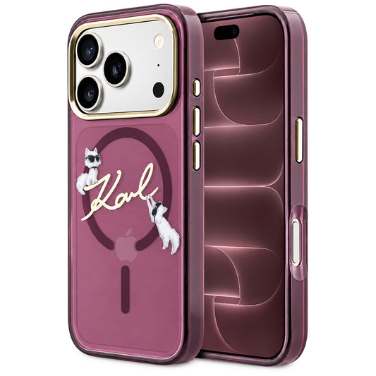 Coque MagSafe pour Apple iPhone 18 Pro Max / 17 Pro Max, Karl Lagerfeld, IML Choupette Karl Script Logo, Bordeaux