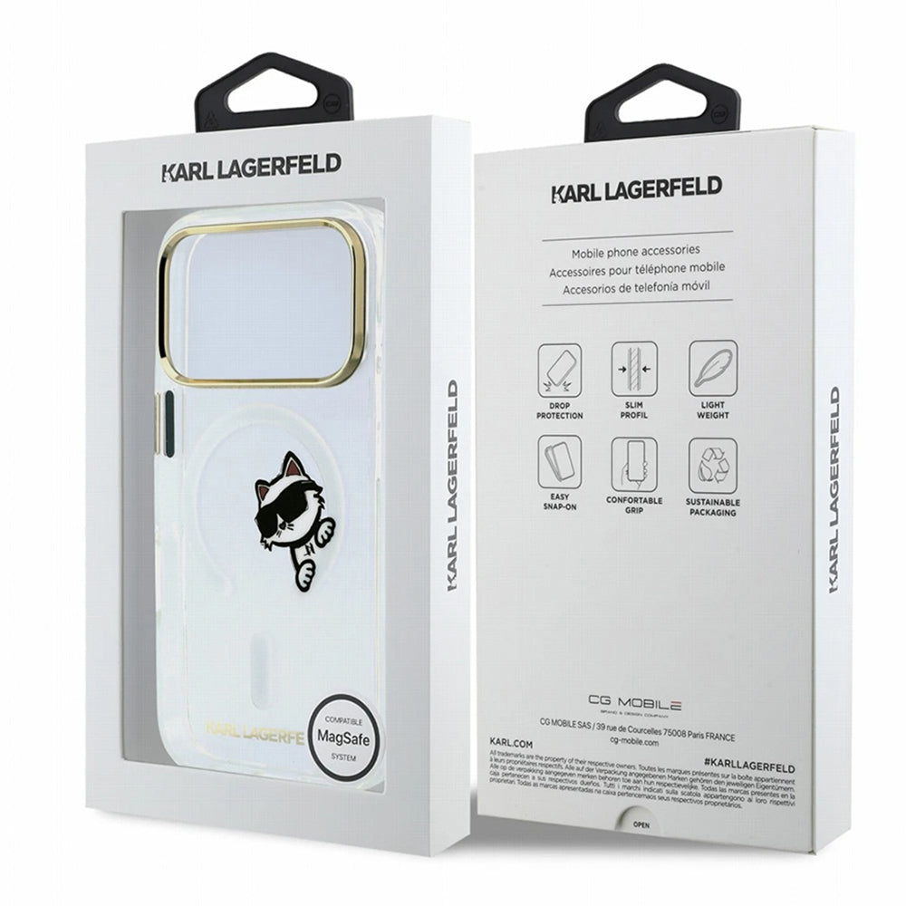 Custodia MagSafe per Apple iPhone 18 Pro Max / 17 Pro Max, Karl Lagerfeld, IML Peekaboo Print e Cornice Metallica, Trasparente