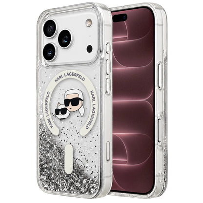 Coque MagSafe pour Apple iPhone 18 Pro Max / 17 Pro Max, Karl Lagerfeld, Liquid Glitter Karl & Choupette Head's, Transparente