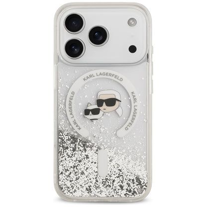 Coque MagSafe pour Apple iPhone 18 Pro Max / 17 Pro Max, Karl Lagerfeld, Liquid Glitter Karl & Choupette Head's, Transparente