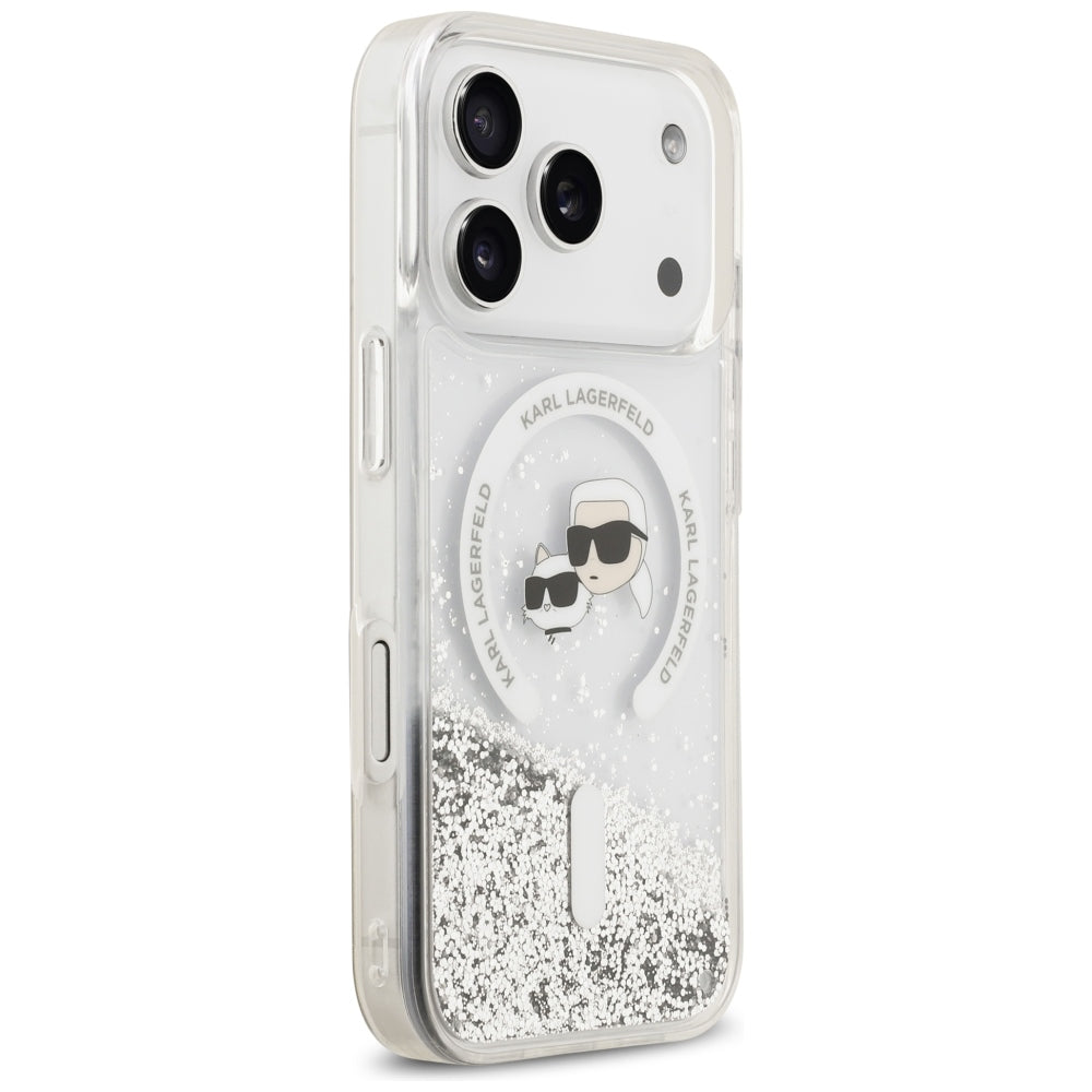 Coque MagSafe pour Apple iPhone 18 Pro Max / 17 Pro Max, Karl Lagerfeld, Liquid Glitter Karl & Choupette Head's, Transparente