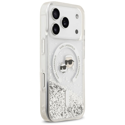 Coque MagSafe pour Apple iPhone 18 Pro Max / 17 Pro Max, Karl Lagerfeld, Liquid Glitter Karl & Choupette Head's, Transparente