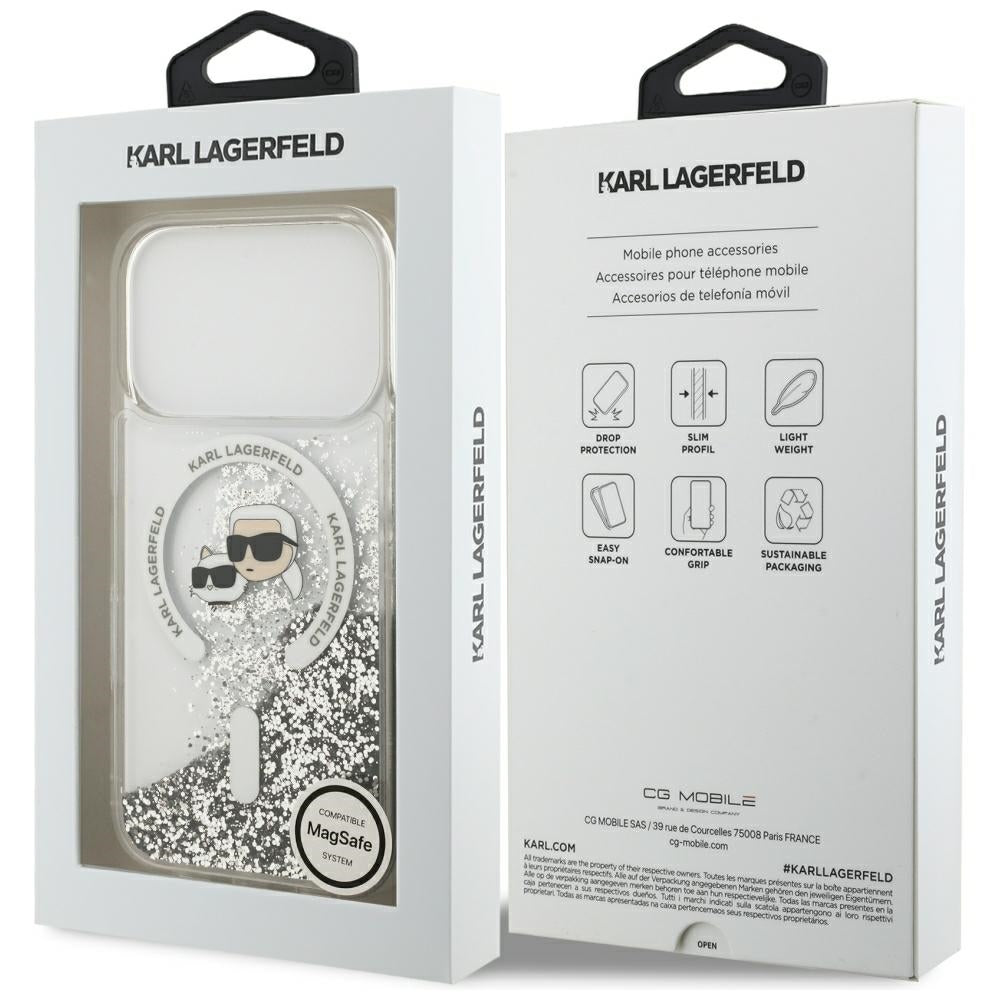 Coque MagSafe pour Apple iPhone 18 Pro Max / 17 Pro Max, Karl Lagerfeld, Liquid Glitter Karl & Choupette Head's, Transparente