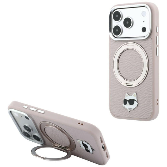 Coque MagSafe pour Apple iPhone 18 Pro Max / 17 Pro Max, Karl Lagerfeld, Ring Stand 360 Choupette Pin, rose