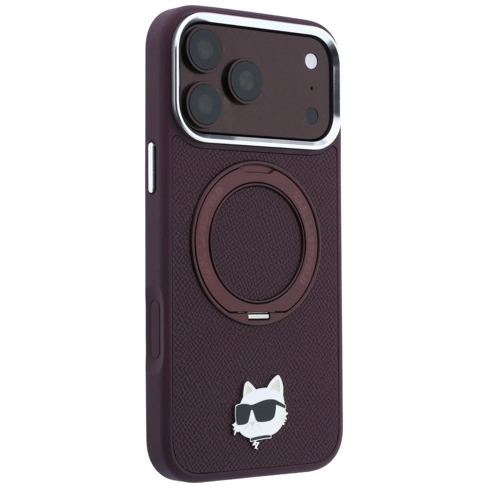 Custodia MagSafe per Apple iPhone 18 Pro Max / 17 Pro Max, Karl Lagerfeld, Saffiano Ring Stand 360 Choupette Pin, Vinaccia