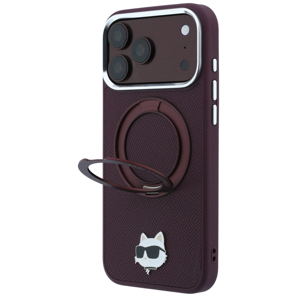 Custodia MagSafe per Apple iPhone 18 Pro Max / 17 Pro Max, Karl Lagerfeld, Saffiano Ring Stand 360 Choupette Pin, Vinaccia