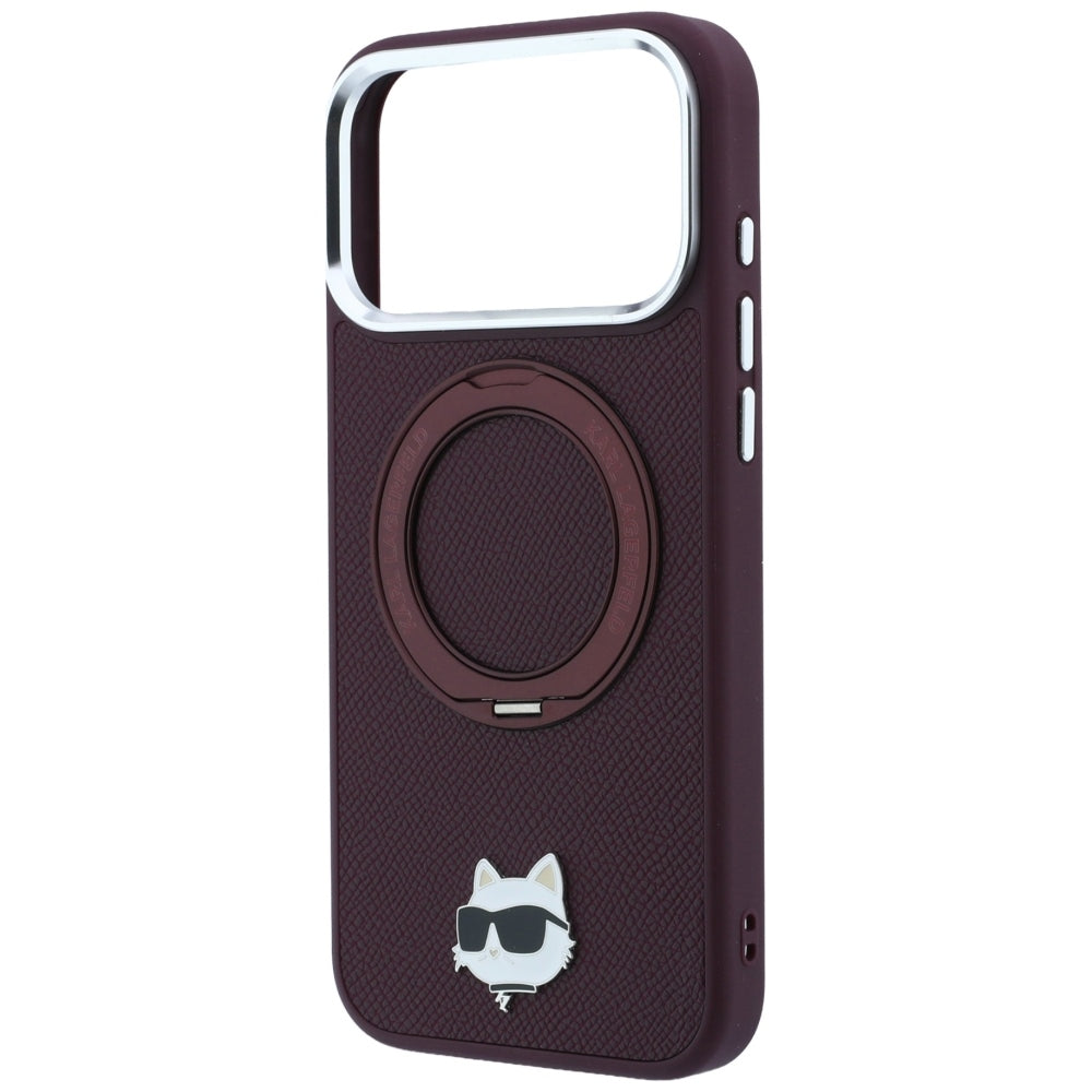 Custodia MagSafe per Apple iPhone 18 Pro Max / 17 Pro Max, Karl Lagerfeld, Saffiano Ring Stand 360 Choupette Pin, Vinaccia