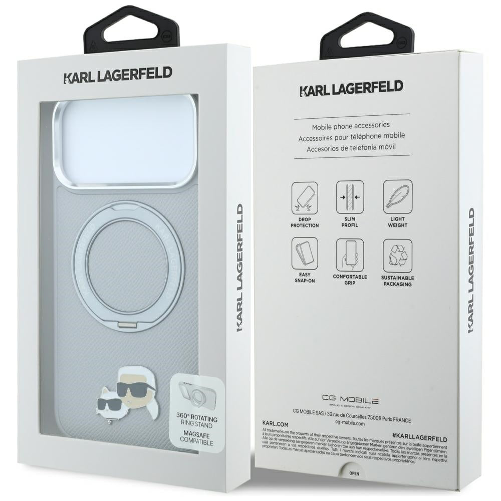 MagSafe Case for Apple iPhone 18 Pro Max / 17 Pro Max, Karl Lagerfeld, Ring Stand 360 Karl & Choupette Pin, Gray