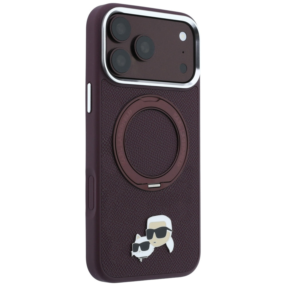 Custodia MagSafe per Apple iPhone 18 Pro Max / 17 Pro Max, Karl Lagerfeld, Ring Stand 360 Karl & Choupette Pin, color vinaccia