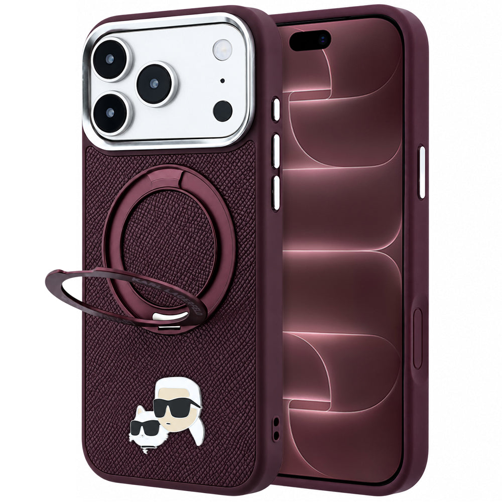 Custodia MagSafe per Apple iPhone 18 Pro Max / 17 Pro Max, Karl Lagerfeld, Ring Stand 360 Karl & Choupette Pin, color vinaccia