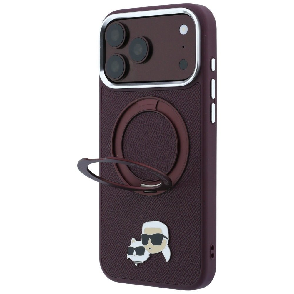 Custodia MagSafe per Apple iPhone 18 Pro Max / 17 Pro Max, Karl Lagerfeld, Ring Stand 360 Karl & Choupette Pin, color vinaccia
