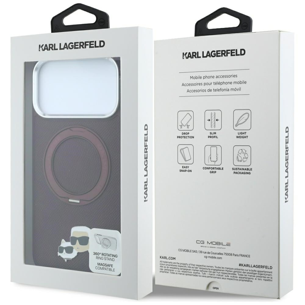 Custodia MagSafe per Apple iPhone 18 Pro Max / 17 Pro Max, Karl Lagerfeld, Ring Stand 360 Karl & Choupette Pin, color vinaccia
