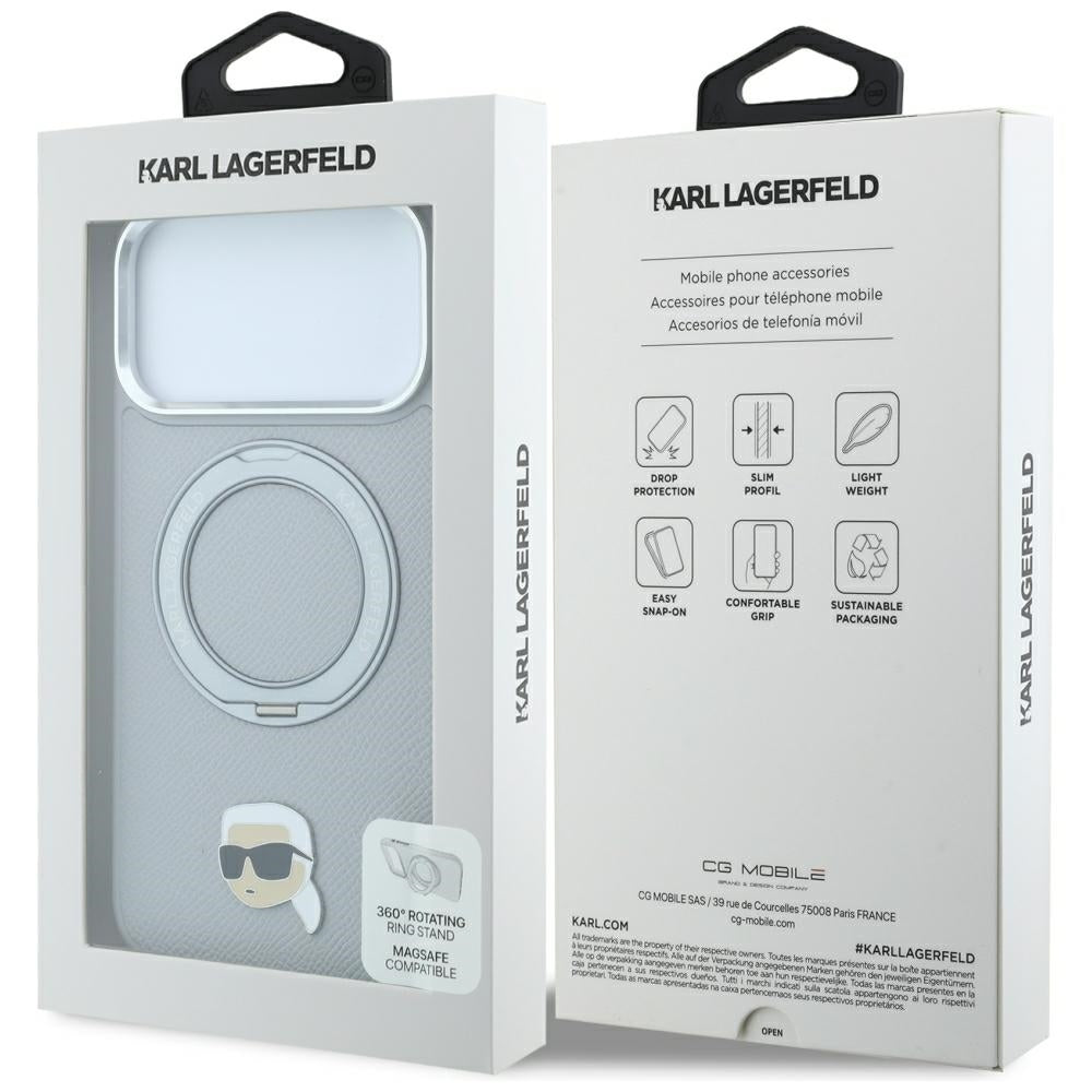 Custodia MagSafe per Apple iPhone 18 Pro Max / 17 Pro Max, Karl Lagerfeld, Ring Stand 360 Karl Pin, Grigio