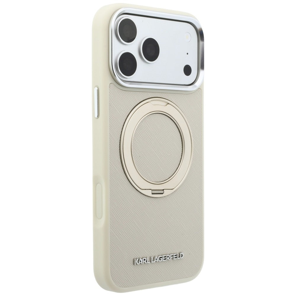 Coque MagSafe pour Apple iPhone 18 Pro Max / 17 Pro Max, Karl Lagerfeld, Ring Stand 360 Saffiano, beige