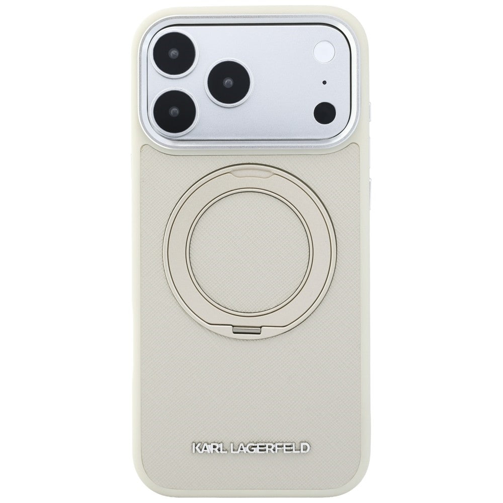 Coque MagSafe pour Apple iPhone 18 Pro Max / 17 Pro Max, Karl Lagerfeld, Ring Stand 360 Saffiano, beige