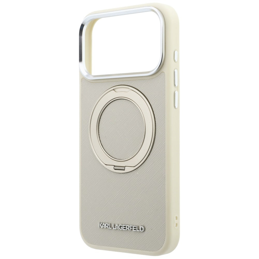 Coque MagSafe pour Apple iPhone 18 Pro Max / 17 Pro Max, Karl Lagerfeld, Ring Stand 360 Saffiano, beige