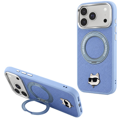 Custodia MagSafe per Apple iPhone 18 Pro Max / 17 Pro Max, Karl Lagerfeld, Saffiano Ring Stand 360 Choupette Pin, Blu