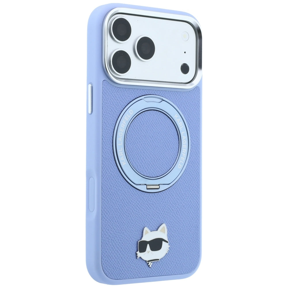 Custodia MagSafe per Apple iPhone 18 Pro Max / 17 Pro Max, Karl Lagerfeld, Saffiano Ring Stand 360 Choupette Pin, Blu