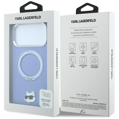 Custodia MagSafe per Apple iPhone 18 Pro Max / 17 Pro Max, Karl Lagerfeld, Saffiano Ring Stand 360 Choupette Pin, Blu