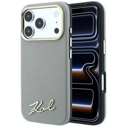MagSafe-Hülle für Apple iPhone 18 Pro Max / 17 Pro Max, Karl Lagerfeld, Saffiano Small Script Metall-Logo, Beige