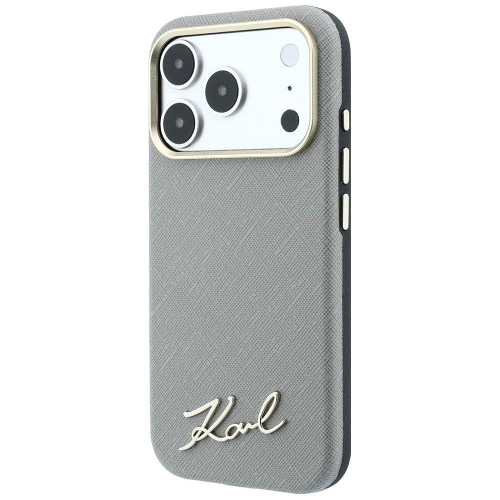 MagSafe-Hülle für Apple iPhone 18 Pro Max / 17 Pro Max, Karl Lagerfeld, Saffiano Small Script Metall-Logo, Beige