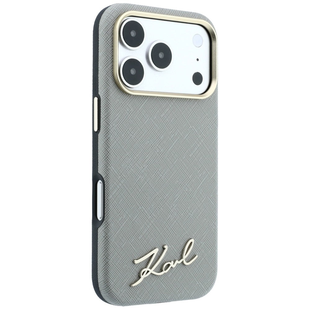MagSafe-Hülle für Apple iPhone 18 Pro Max / 17 Pro Max, Karl Lagerfeld, Saffiano Small Script Metall-Logo, Beige