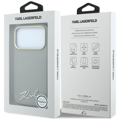 MagSafe-Hülle für Apple iPhone 18 Pro Max / 17 Pro Max, Karl Lagerfeld, Saffiano Small Script Metall-Logo, Beige