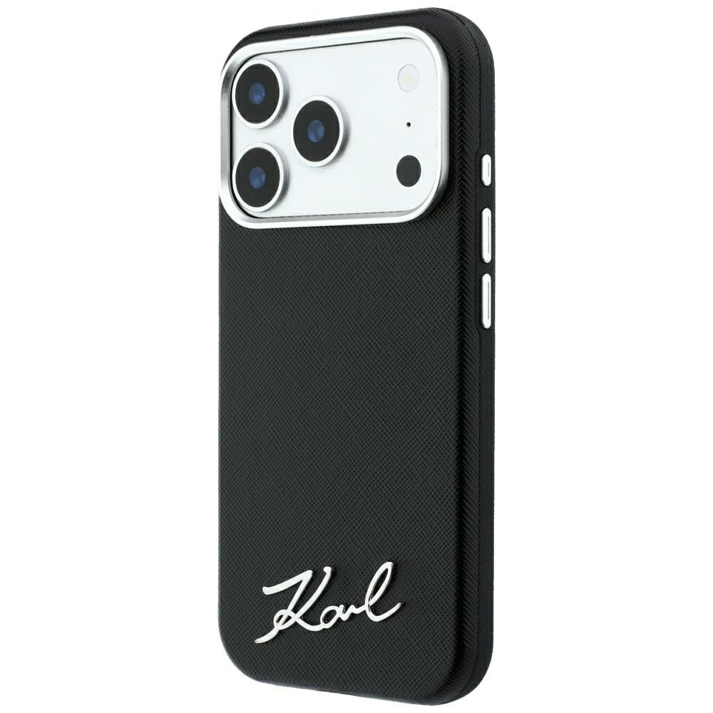 Custodia MagSafe per Apple iPhone 18 Pro Max / 17 Pro Max, Karl Lagerfeld, Saffiano Small Script Metal Logo, Nera