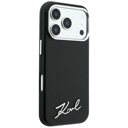 Custodia MagSafe per Apple iPhone 18 Pro Max / 17 Pro Max, Karl Lagerfeld, Saffiano Small Script Metal Logo, Nera