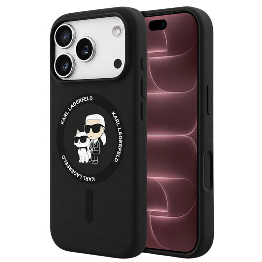 Coque MagSafe pour Apple iPhone 18 Pro Max / 17 Pro Max, Karl Lagerfeld, Silicone Ring Karl & Choupette, noire